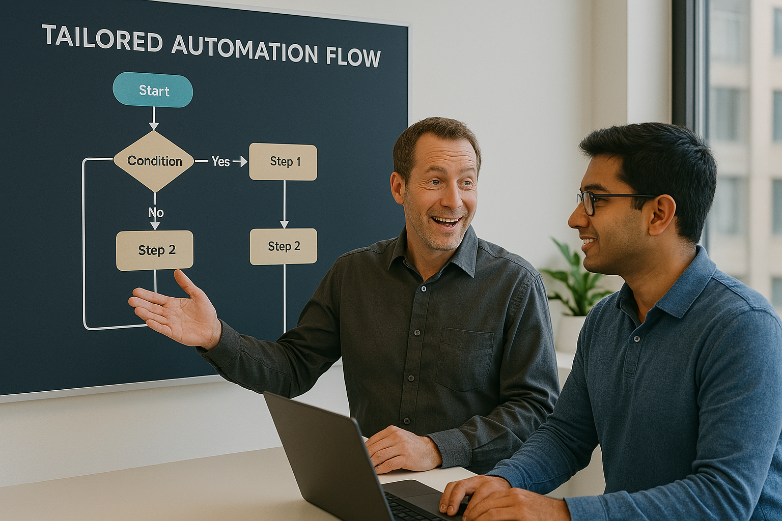 Equipo revisando blueprint de flujo de automatización