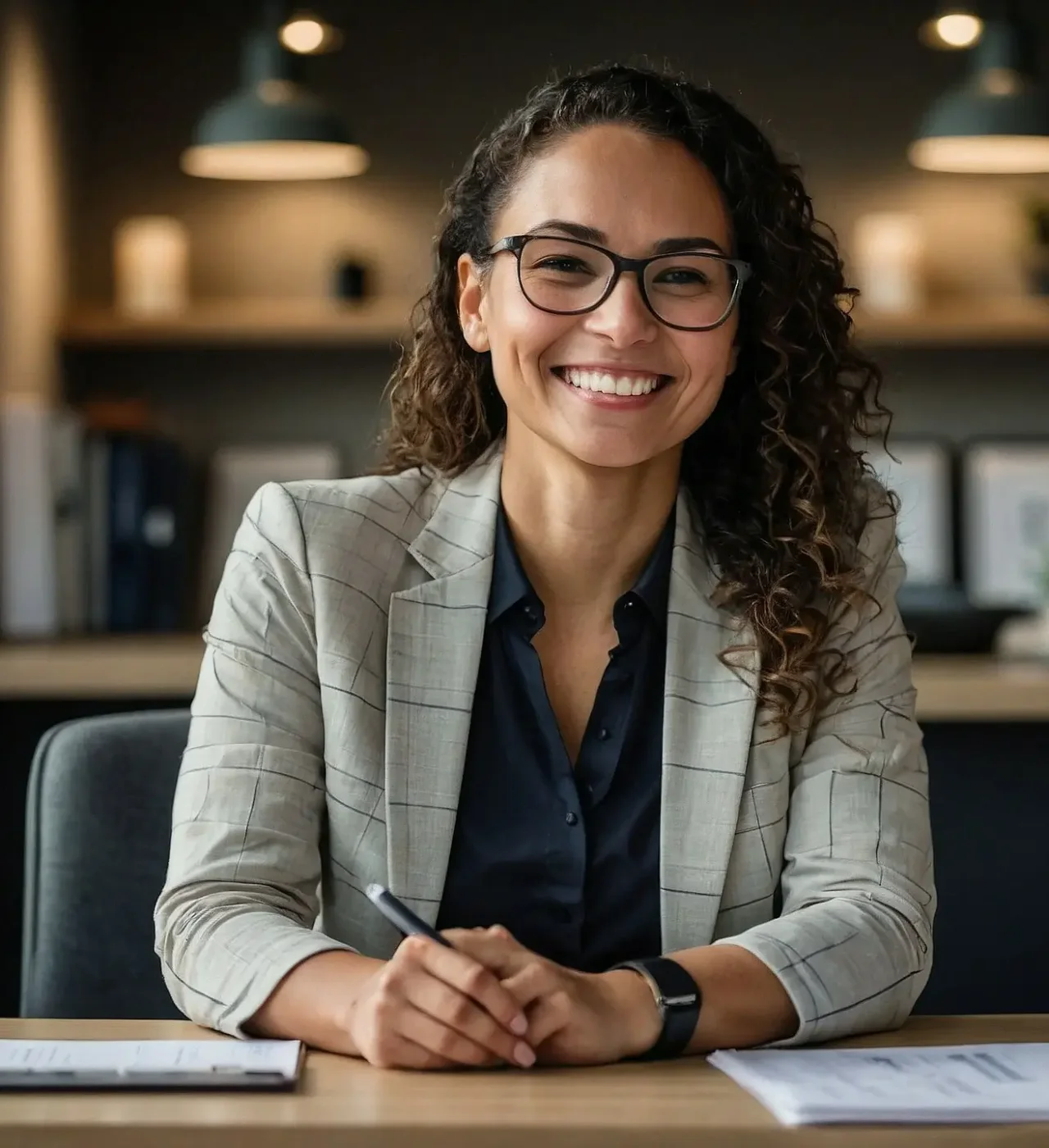 chica sonriendo atendiendo a clientes en persona